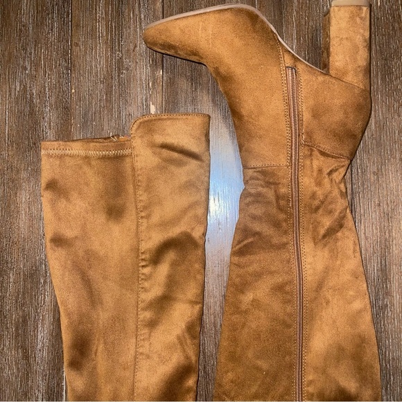 Knee High Tan Block Heel Boots Stretch Round Toe Soft Top Moda Women’s 6.5 - Picture 5 of 11